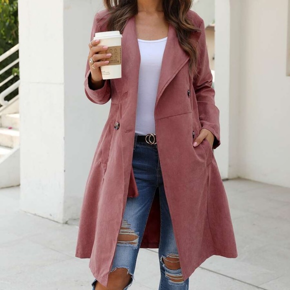 Dusty Pink Wide Collar Button Pea Coat Trench - Picture 11 of 11